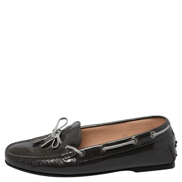 Pre Owned Tod's Dark Grey Patent Leather  New Gommini Loafers Size 39