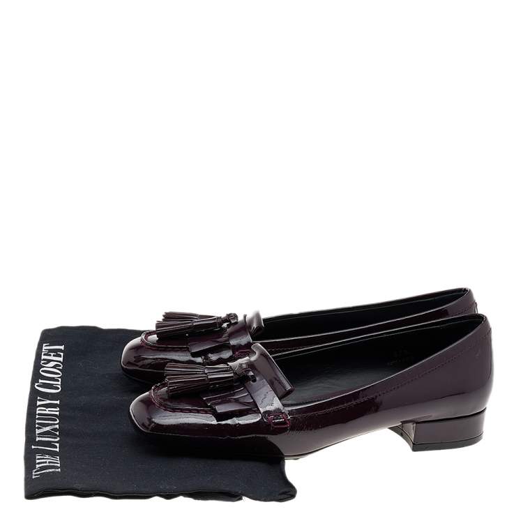 Pre Owned Tod's Burgundy Patent Leather Fringe Slip On Loafers Size 37.5