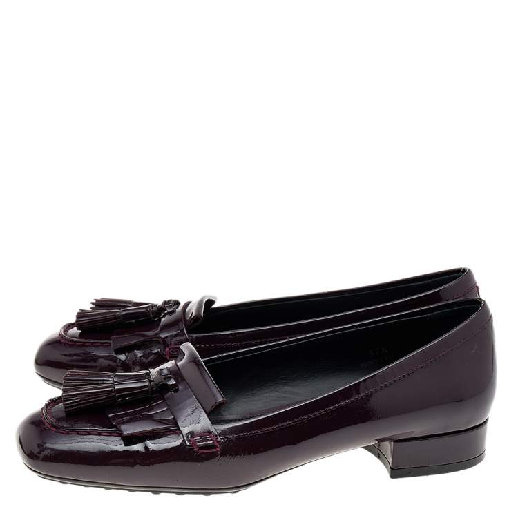 Pre Owned Tod's Burgundy Patent Leather Fringe Slip On Loafers Size 37.5
