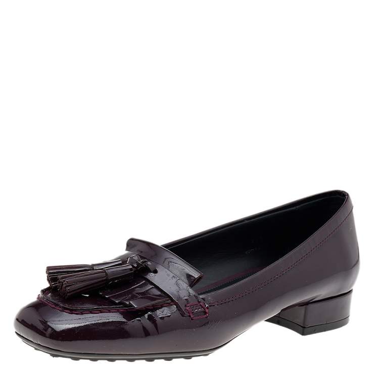 Pre Owned Tod's Burgundy Patent Leather Fringe Slip On Loafers Size 37.5