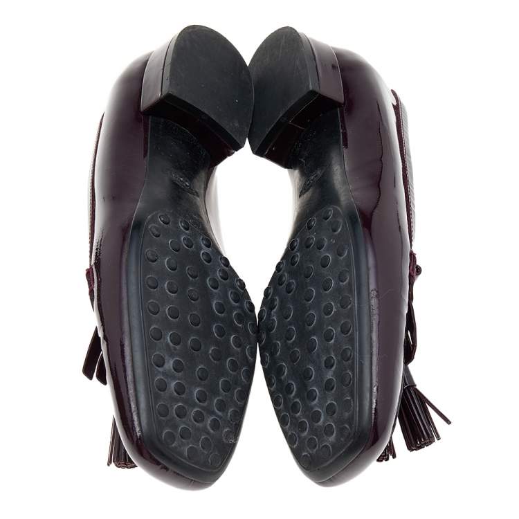 Pre Owned Tod's Burgundy Patent Leather Fringe Slip On Loafers Size 37.5