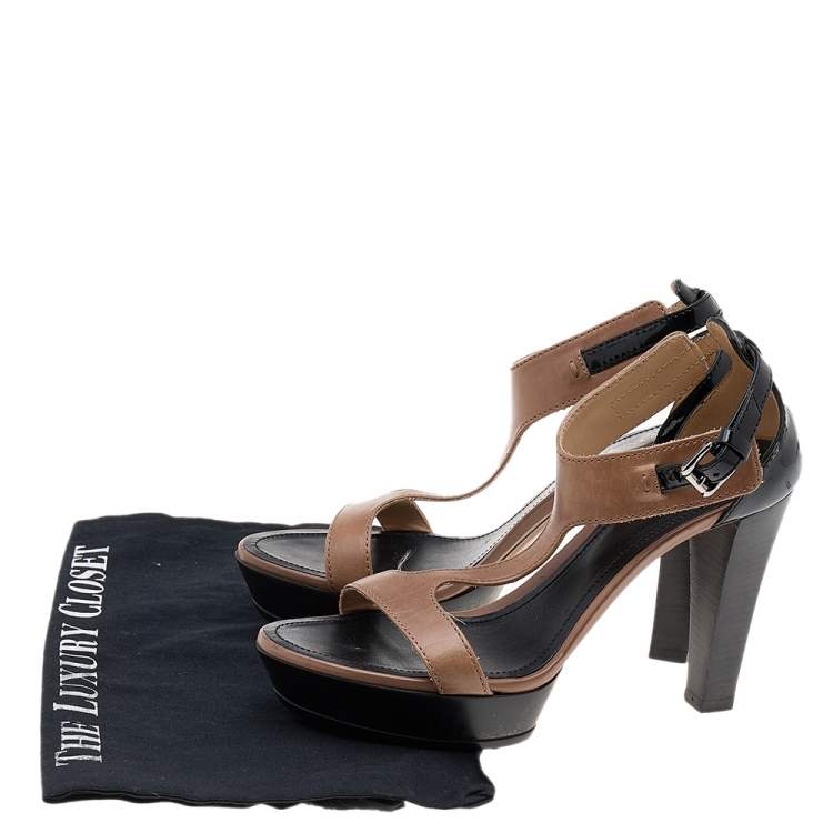 Pre Owned Tod's Black/Brown Patent and Leather T-Strap Platform Sandals Size 36
