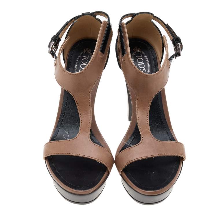 Pre Owned Tod's Black/Brown Patent and Leather T-Strap Platform Sandals Size 36