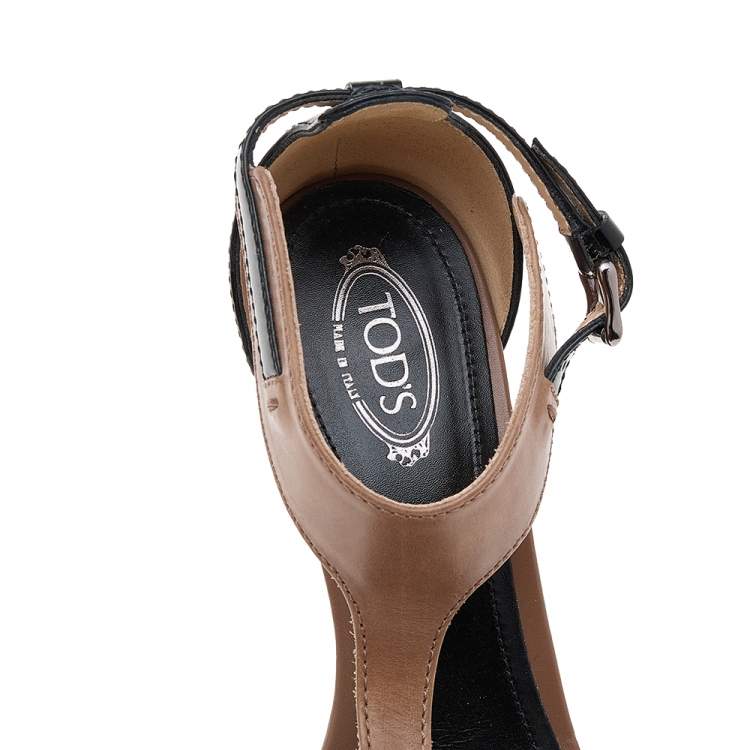 Pre Owned Tod's Black/Brown Patent and Leather T-Strap Platform Sandals Size 36