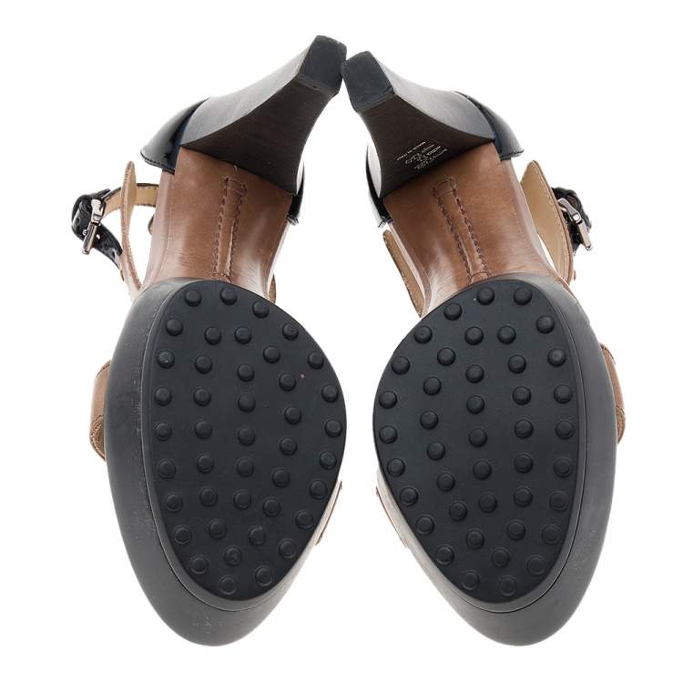 Pre Owned Tod's Black/Brown Patent and Leather T-Strap Platform Sandals Size 36