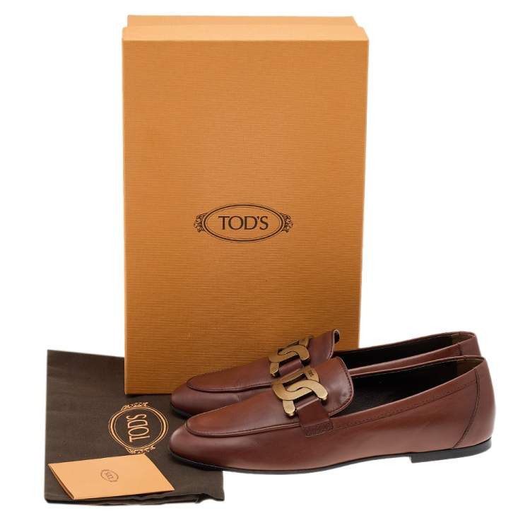 Pre Owned Tod's Brown Leather Chain Detail Kate Loafers Size 37