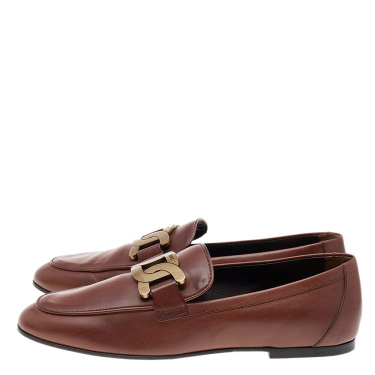 Pre Owned Tod's Brown Leather Chain Detail Kate Loafers Size 37
