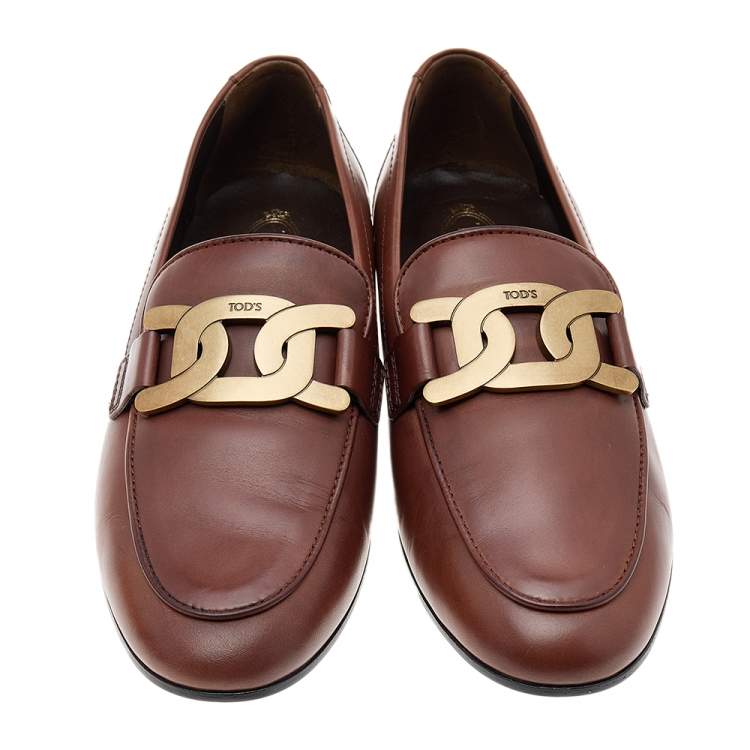Pre Owned Tod's Brown Leather Chain Detail Kate Loafers Size 37