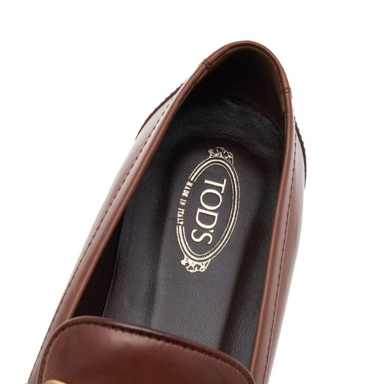 Pre Owned Tod's Brown Leather Chain Detail Kate Loafers Size 37