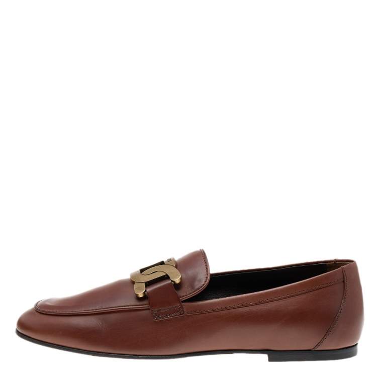 Pre Owned Tod's Brown Leather Chain Detail Kate Loafers Size 37