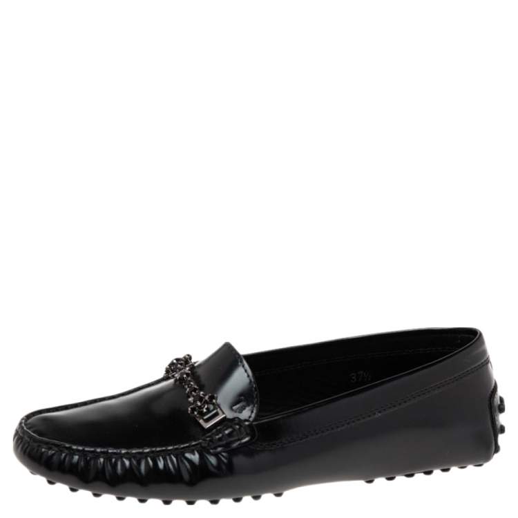 Pre Owned Tod's Black Patent Leather Crystal Embellished Gommino Driver Loafers Size 37.5