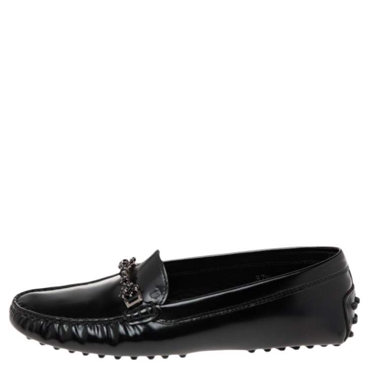 Pre Owned Tod's Black Patent Leather Crystal Embellished Gommino Driver Loafers Size 37.5
