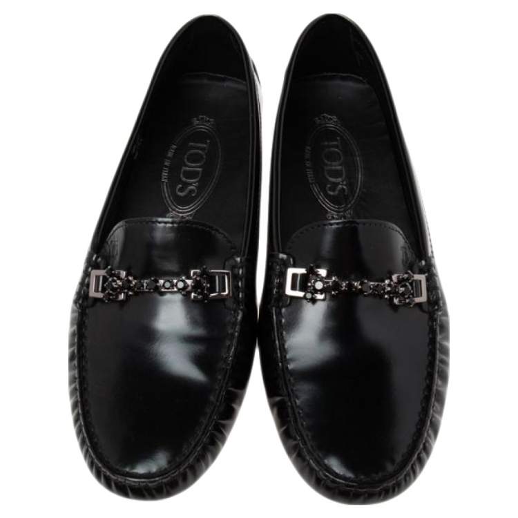Pre Owned Tod's Black Patent Leather Crystal Embellished Gommino Driver Loafers Size 37.5