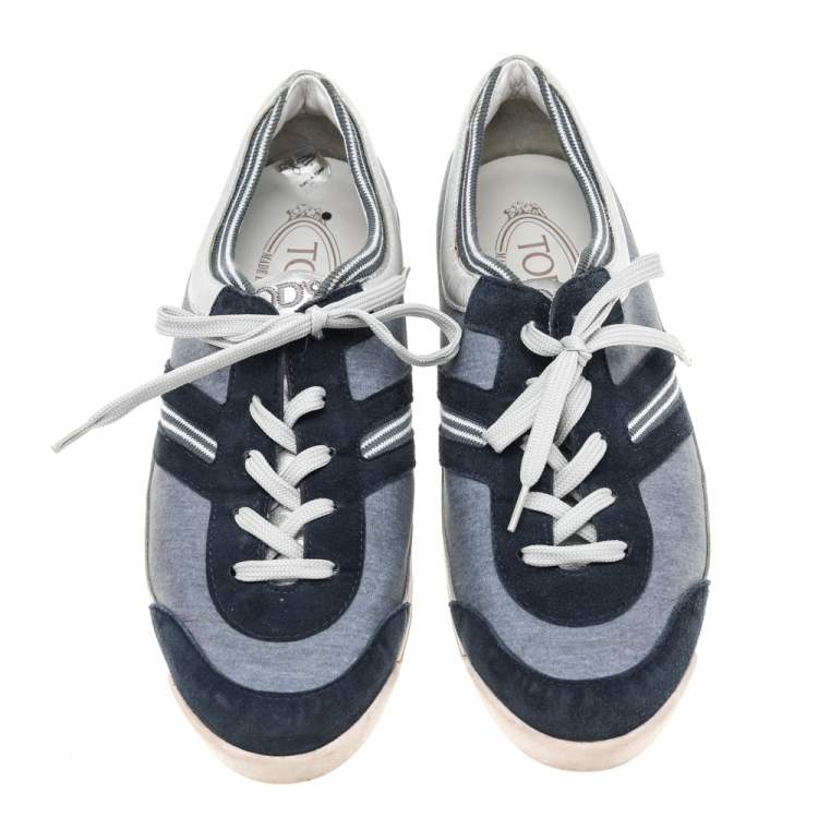 Pre Owned Tod's Navy Blue/Silver Suede And Leather Low Top Sneakers Size 38