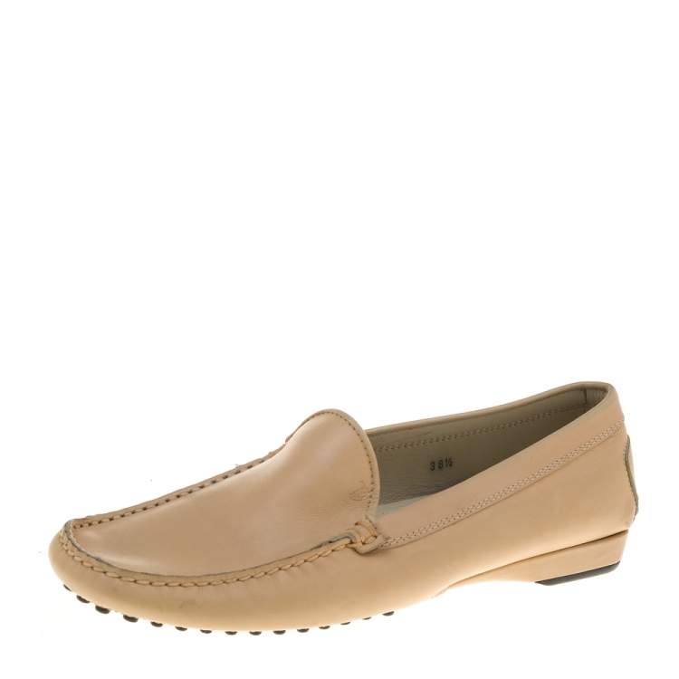 Pre Owned Tod's Beige Leather Slip On Loafers Size 38.5