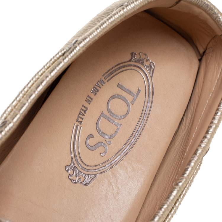 Pre Owned Tod's Gold Textured Leather Bow Detail Driver Loafers Size 37