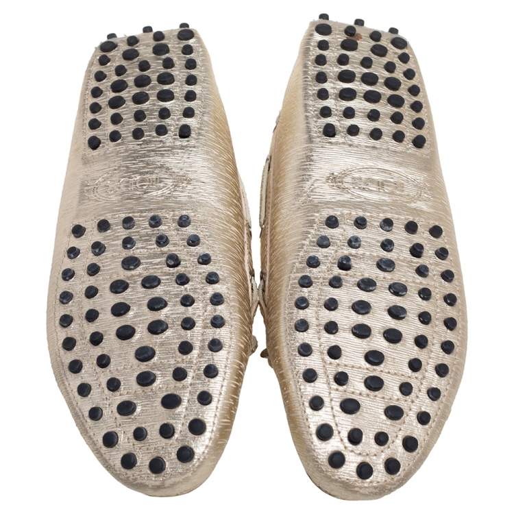 Pre Owned Tod's Gold Textured Leather Bow Detail Driver Loafers Size 37