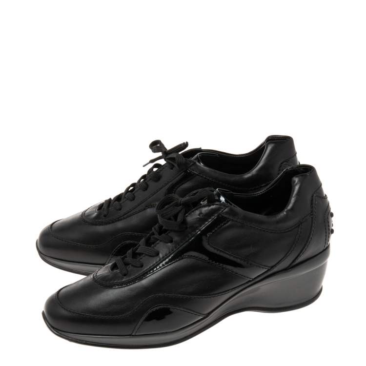 Pre Owned Tod's Black Patent And Leather Wedge Sneakers Size 39