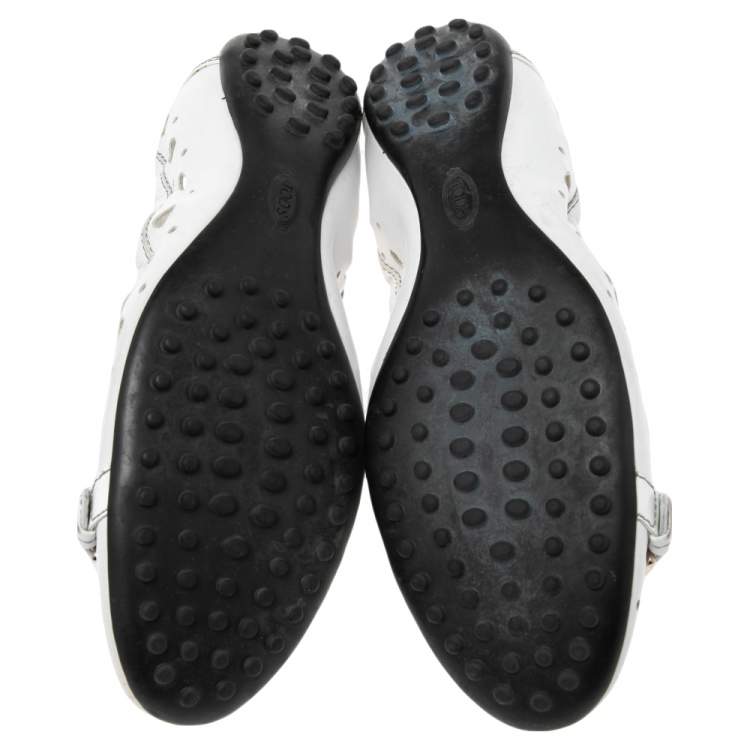 Pre Owned Tod's White Patent and Laser Cut Leather Scrunch Ballet Flats Size 37.5