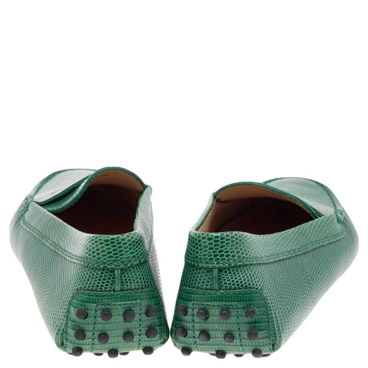 Pre Owned Tod's Green Lizard Embossed Leather Gommino Slip On Loafers Size 38
