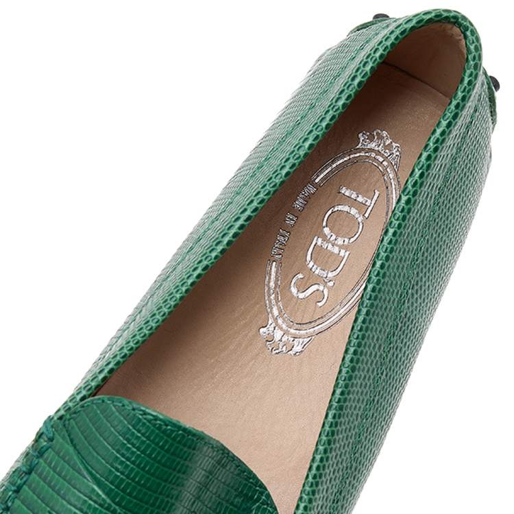 Pre Owned Tod's Green Lizard Embossed Leather Gommino Slip On Loafers Size 38