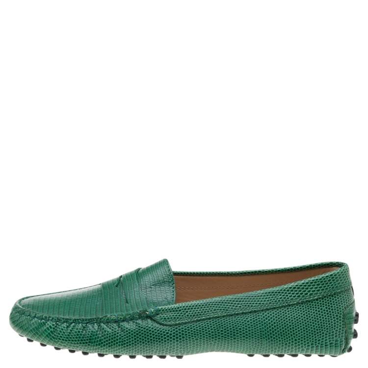 Pre Owned Tod's Green Lizard Embossed Leather Gommino Slip On Loafers Size 38
