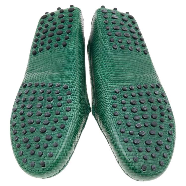 Pre Owned Tod's Green Lizard Embossed Leather Gommino Slip On Loafers Size 38