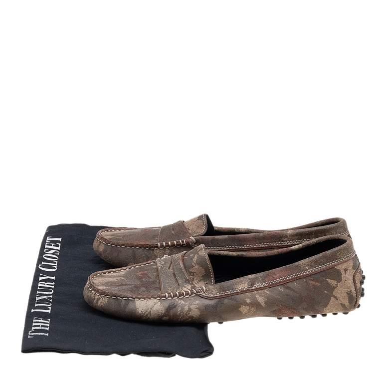 Pre Owned Tod's Brown Printed Suede Slip On Loafers Size 39