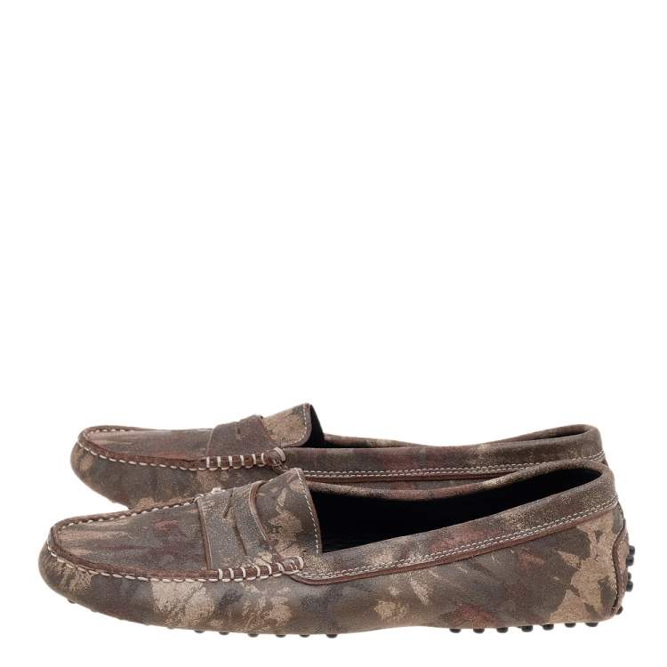 Pre Owned Tod's Brown Printed Suede Slip On Loafers Size 39