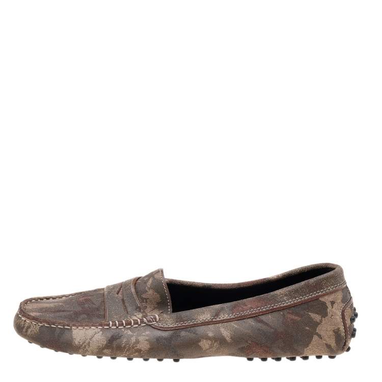 Pre Owned Tod's Brown Printed Suede Slip On Loafers Size 39