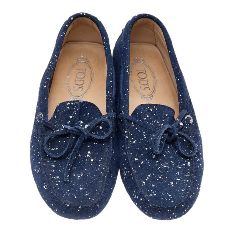 Pre Owned Tod's Blue/Silver Suede Gommino Bow Slip On Loafers Size 38