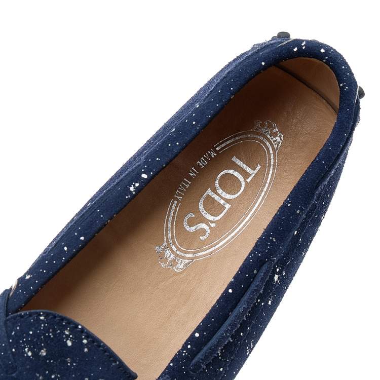 Pre Owned Tod's Blue/Silver Suede Gommino Bow Slip On Loafers Size 38
