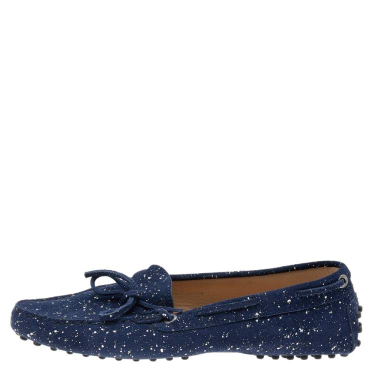 Pre Owned Tod's Blue/Silver Suede Gommino Bow Slip On Loafers Size 38