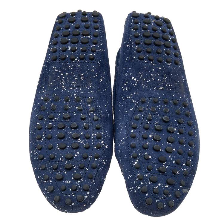 Pre Owned Tod's Blue/Silver Suede Gommino Bow Slip On Loafers Size 38