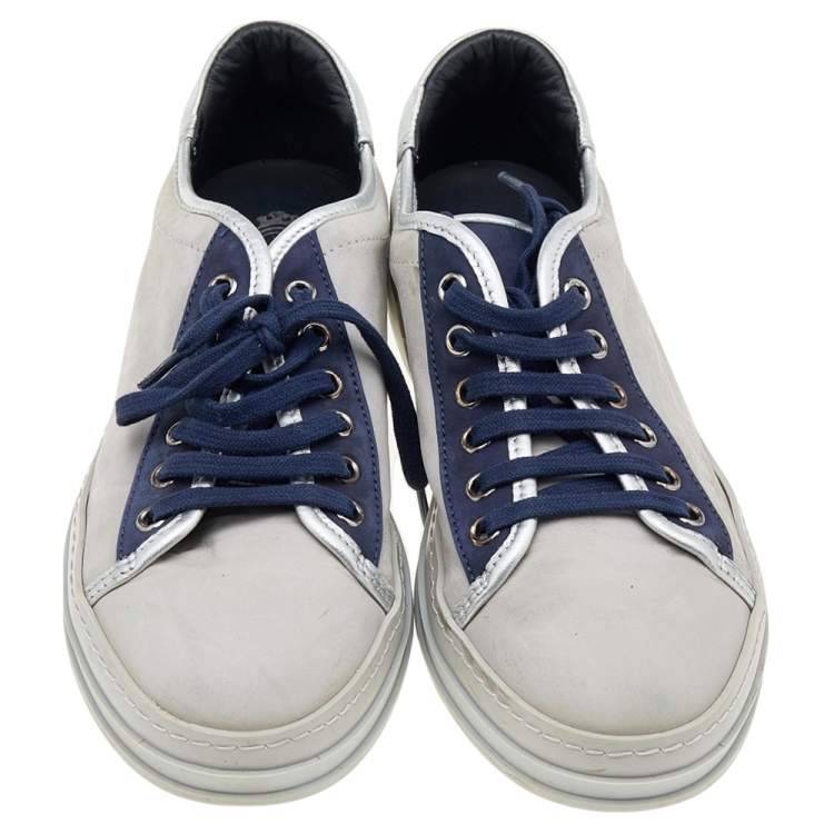 Pre Owned Tod's Grey/Blue Leather And Suede Low Top Sneakers Size 38