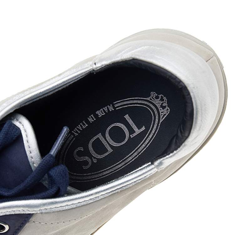 Pre Owned Tod's Grey/Blue Leather And Suede Low Top Sneakers Size 38