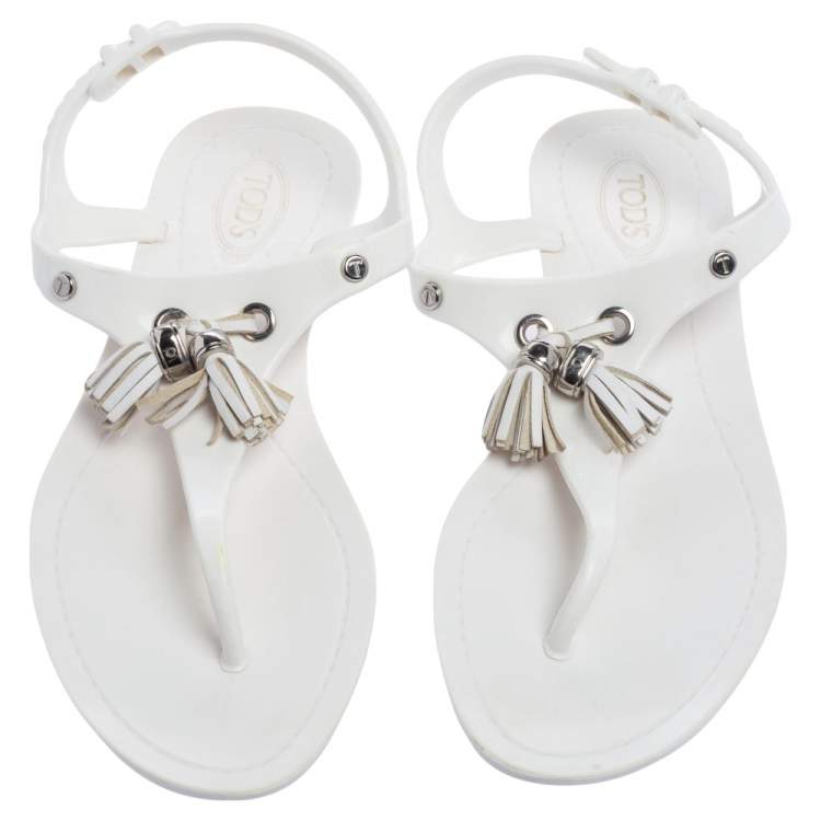 Pre Owned Tod's White Jelly Tassel Detail Thong Flat Sandals Size 36