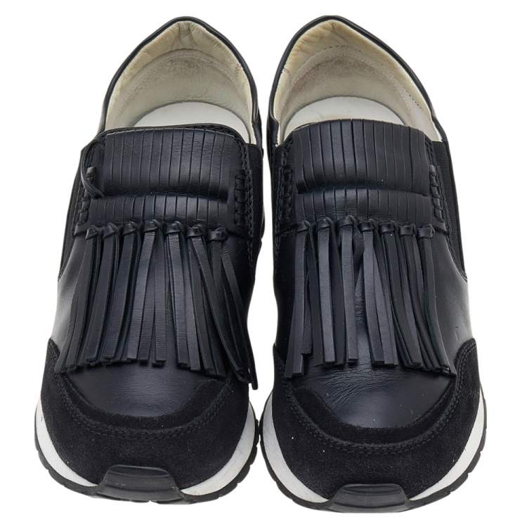 Pre Owned Tod's Black Leather And Suede Slip on Sneakers Size 35.5