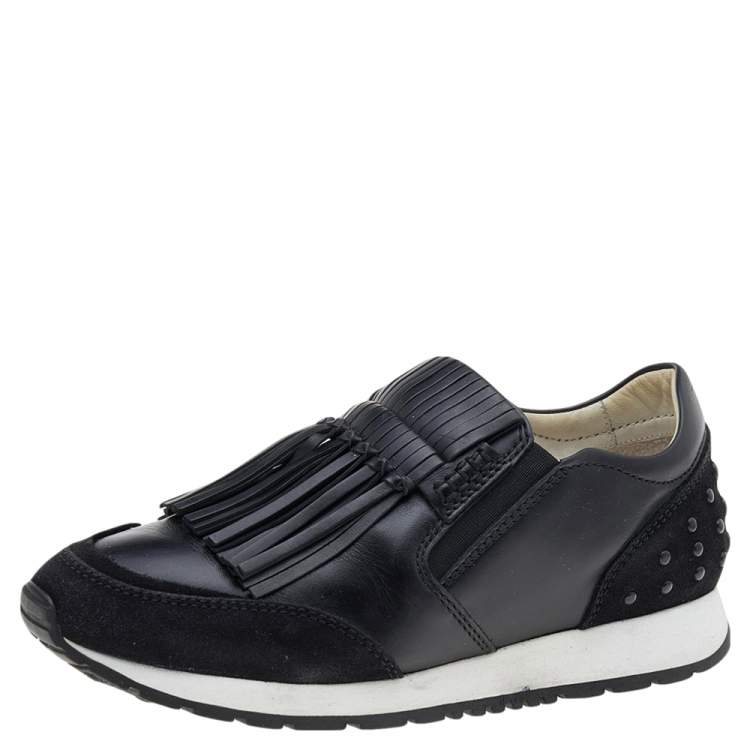Pre Owned Tod's Black Leather And Suede Slip on Sneakers Size 35.5