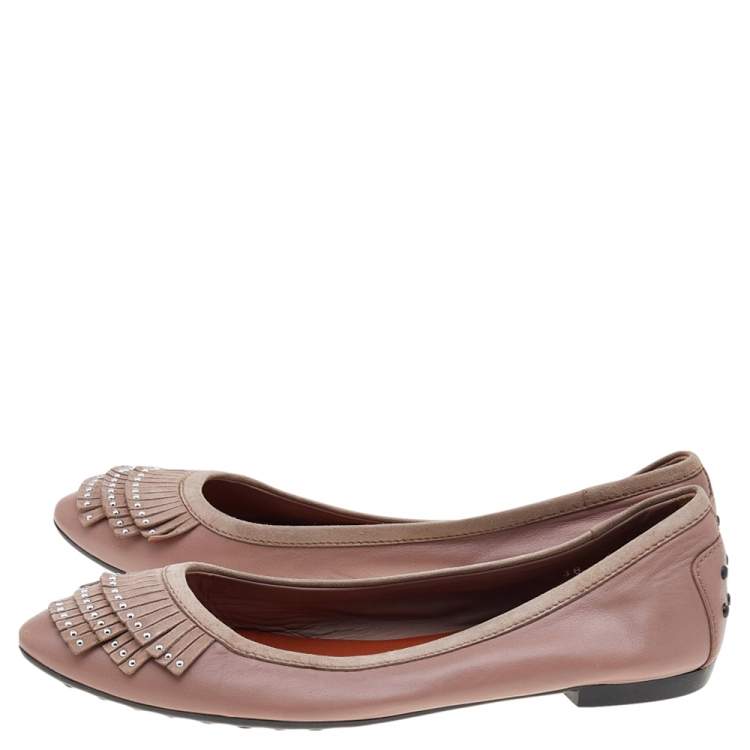 Pre Owned Tod's Pink Suede And Leather Embellished  Flats Size 38