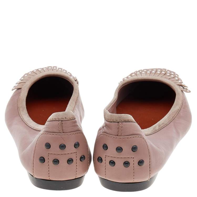 Pre Owned Tod's Pink Suede And Leather Embellished  Flats Size 38