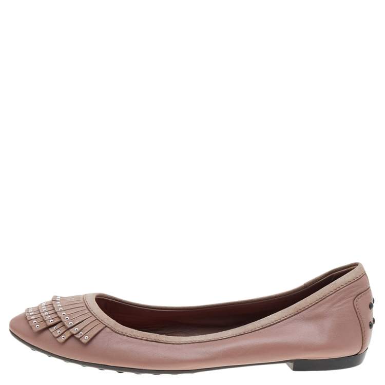 Pre Owned Tod's Pink Suede And Leather Embellished  Flats Size 38
