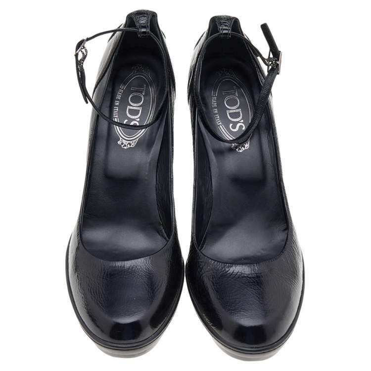 Pre Owned Tod's Black Patent Leather Ankle Strap Pumps Size 39