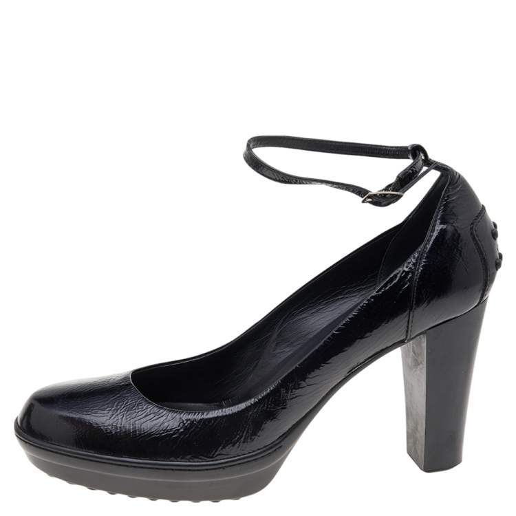 Pre Owned Tod's Black Patent Leather Ankle Strap Pumps Size 39