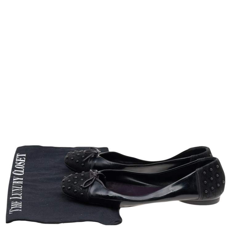 Pre Owned Tod's Black Suede And Leather Bow Flats Size 37