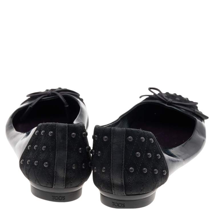 Pre Owned Tod's Black Suede And Leather Bow Flats Size 37