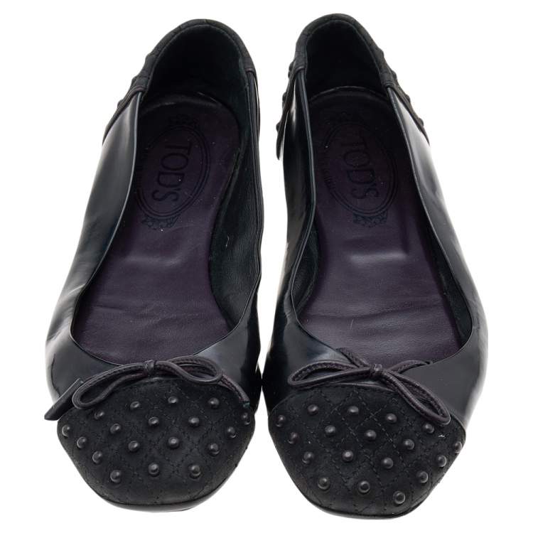 Pre Owned Tod's Black Suede And Leather Bow Flats Size 37