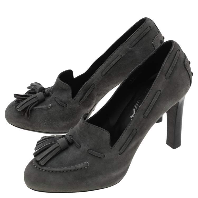 Pre Owned Tod's Grey Suede Tassel Loafer Pumps Size 35