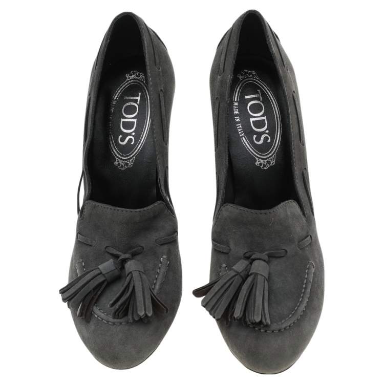 Pre Owned Tod's Grey Suede Tassel Loafer Pumps Size 35