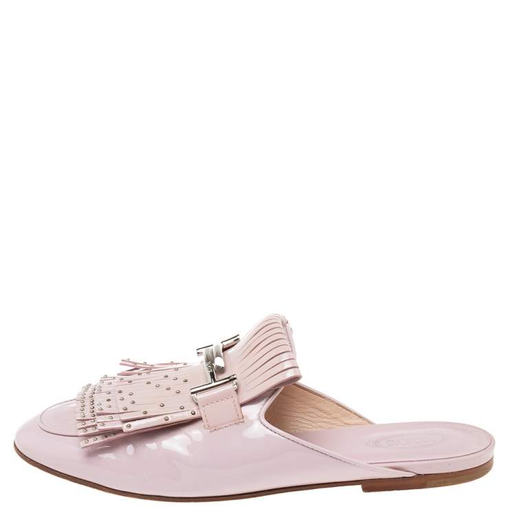 Pre Owned Tod's  Beige Patent Leather Double T Buckle Flat Mules Size 39